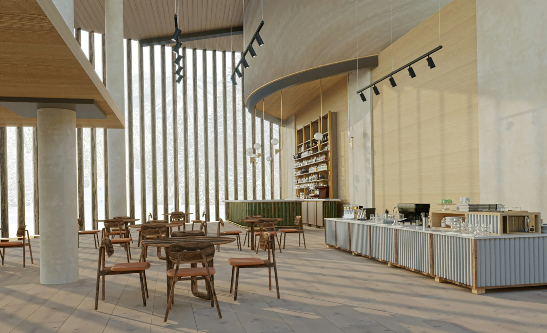 Hotel public area furniture with custom tables, chairs, and buffet counter layout